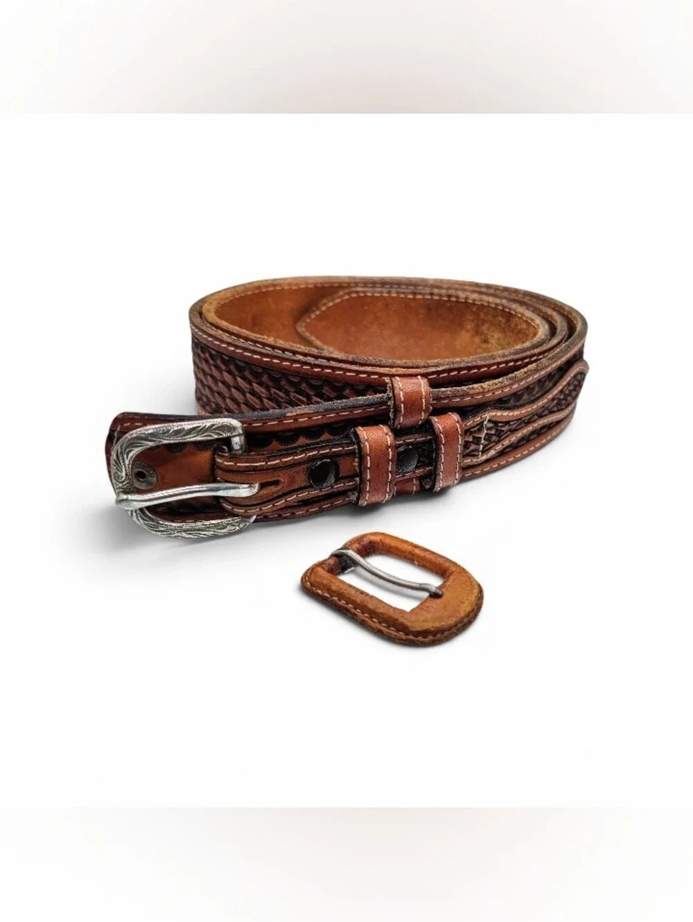 Justin Western Leather Belt Sz 40 Basket Tooled